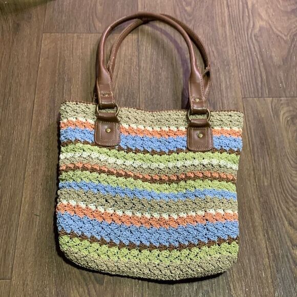 Vintage crochet knit shoulder purse. Earthy colors stripe design hobo retro - Picture 9 of 9